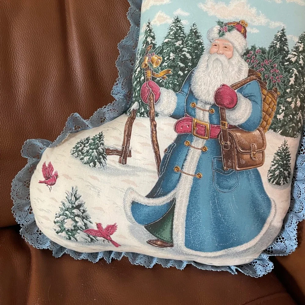 Vintage Victorian Blue Santa Stocking Decorative Pillow Lace Trim Double Sided